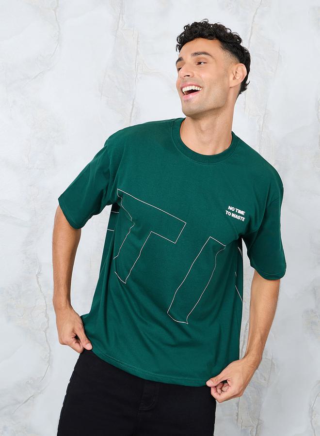 ستايلي تيشيرت أوفر سايز بطباعة شعار من الأمام والخلف - Image 1